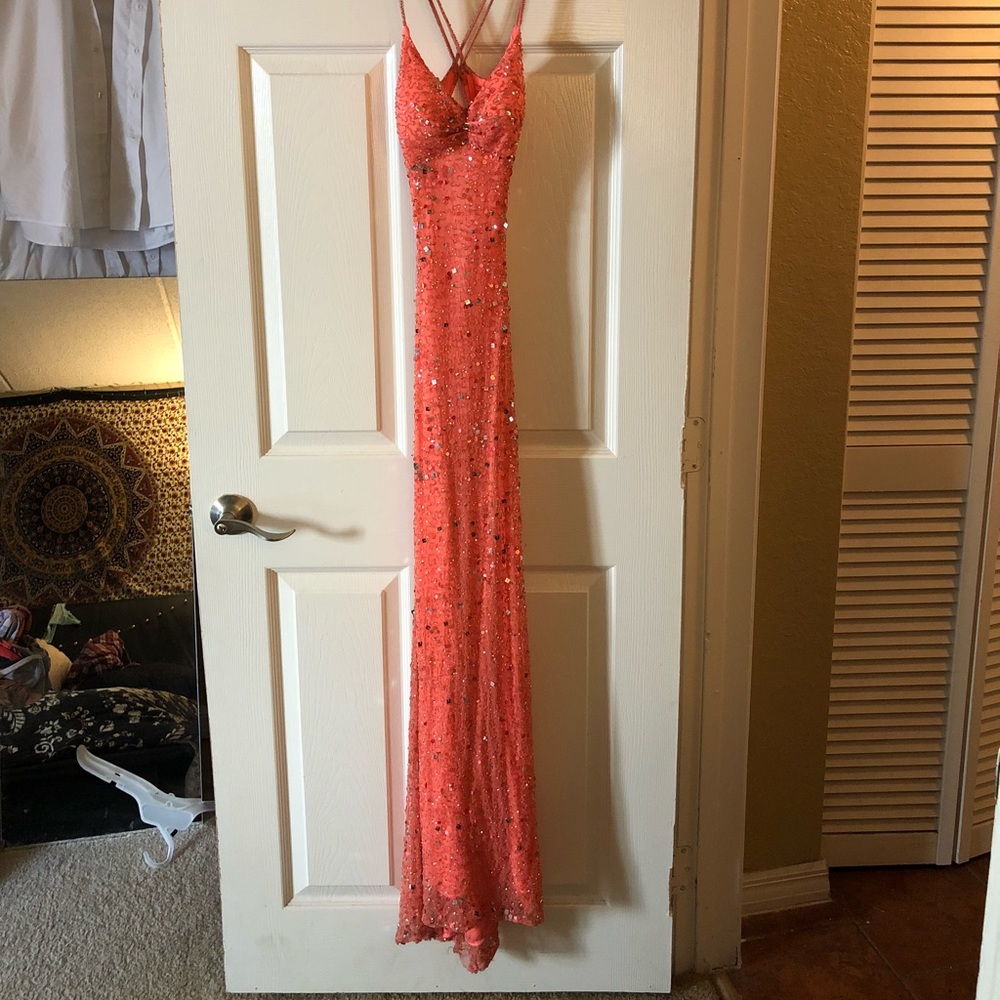 Camille Coral Sequin Prom Dress